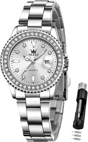 Miniatura 12 de OLEVS - Reloj de mujer de diamante, de cuarzo, analógico, de vestir, para mujer, de acero inoxidable, dos tonos, resistente al agua, luminoso