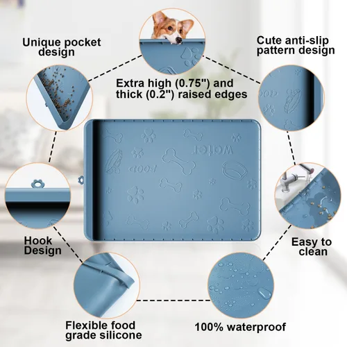 Miniatura 4 de Tapete para Comida de Perro - Tapete de Silicona para Perro para Comida y Agua - 36" x 24" Tapetes Grandes de Alimentación para Mascotas con Azul