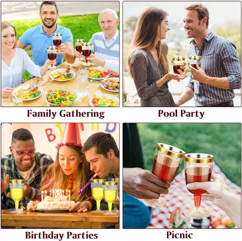 Miniatura 6 de CHENGU 100 copas de vino de plástico de 7 onzas con borde dorado con base extraíble para bodas, fiestas, cumpleaños, aniversario, brindis de champán
