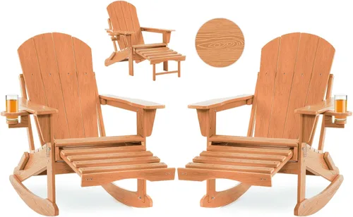 Miniatura 27 de Mecedora plegable Adirondack, silla de patio multifuncional 4 en 1 con otomana retráctil, silla de exterior con textura de madera, silla de césped