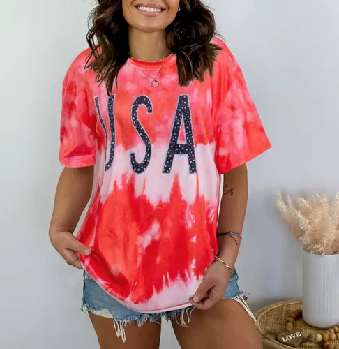 Miniatura 4 de Camisa de gran tamaño para mujer, diseño patriótico americano, cuello redondo, holgado, para el 4 de julio