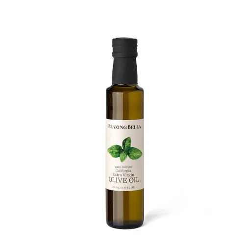 Blazing Bella Aceite de oliva virgen extra con infusión de albahaca de California, suave y equilibrado AOVE prémium para cocinar, pasta, verduras,