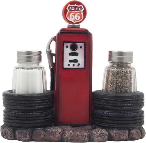 Juego de salero y pimentero con bomba de llenado de gasolinera vintage con neumáticos decorativos para automóvil y señal de ruta 66 para