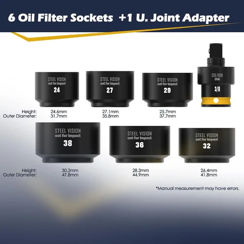 Miniatura 3 de Steel Vision Juego de 7 piezas de vasos de filtro de aceite de perfil bajo, kit de herramientas de extracción de tapa de filtro de aceite de 3/8