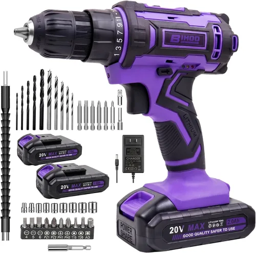 Purple 20V Cordless Drill Electric Drill set, Electric Screwdriver with 2 Batteries & Charger, 3/8" Keyless Chuck, 25+1 Torque 2-Speed Hammer Drill,