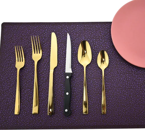 Miniatura 12 de Juego de cubiertos de mango grueso de 24 piezas, acero inoxidable 18/10 negro antiguo con cuchillo para carne, juego de cubiertos pulidos de espejo