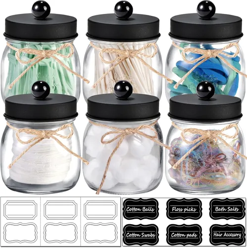 SheeChung Paquete de 6 soportes Qtip con etiquetas, organizadores de baño y almacenamiento, decoración de baño, tarros de boticario con tapas,