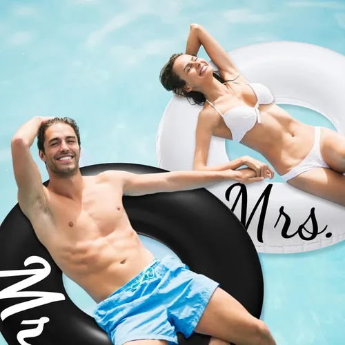 Miniatura 7 de Silipull 2 flotadores de piscina Mr and Mrs de 48 pulgadas, tubos inflables para anillos de boda para luna de miel, pareja, decoración de piscina