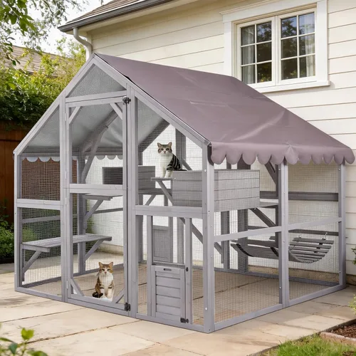 Miniatura 11 de Cat Catio - Recintos para gatos al aire libre, casa móvil para gatos con ruedas de ejercicio, jaula para gatos con caja de descanso mejorada, Gris