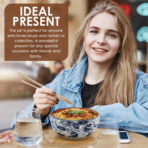 Miniatura 5 de XWORLD Juego de cuencos de cerámica japonesa para fideos ramen con cuchara de cerámica, palillos de bambú, tapa y salvamanteles, capacidad