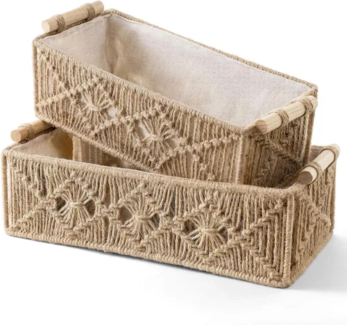 Miniatura 5 de Mkono Cestas de almacenamiento de macramé, caja de decoración bohemia tejida a mano decorativa para encimera, tanque de inodoro, estante organizador