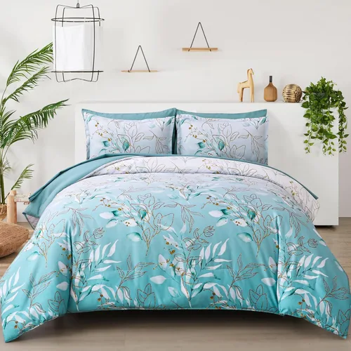 WONGS BEDDING - Juego de edredón tamaño queen, 7 piezas, hojas doradas degradadas botánicas en color agua, cama en una bolsa, de microfibra suave (1