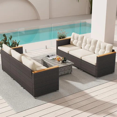 Miniatura 5 de Tangkula Sofá de mimbre para patio de 3 plazas, juego de muebles de ratán de 3 plazas con reposabrazos de madera de acacia y cojín grueso, sofá
