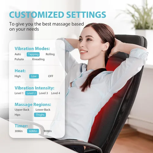 Miniatura 5 de Almohadilla para silla de masaje de espalda, masajeador de espalda con calor, 5 modos de vibración y 2 niveles de calor, cojín de asiento de masaje