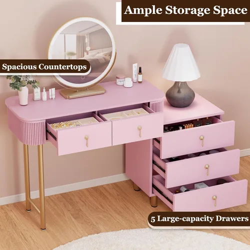 Miniatura 4 de Royal Windsor Escritorio de maquillaje con espejo y luces, mesa de tocador moderna con 5 cajones, escritorio de maquillaje con 3 modos de Rosa