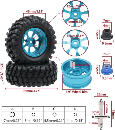 Miniatura 3 de Neumáticos RC 4 piezas 0.472 in Hex RC Ruedas y neumáticos para Tamiya RC4WD D90 CR12 Tioga MST, etc. Chasis bajo 1/10 RC Crawler Truck RC Car Part