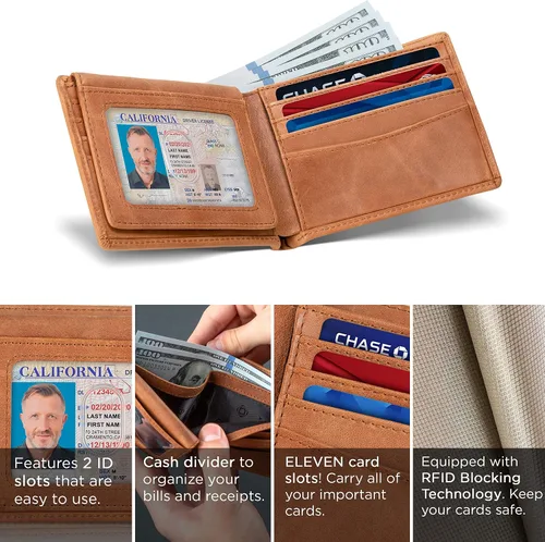 Miniatura 10 de SERMAN BRANDS Billetera de piel con 2 ventanas de identificación para hombre, con bloqueo RFID, doble tapa superior, billetera de viaje de capacidad