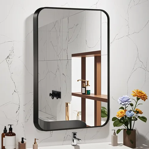 Miniatura 2 de Espejo de pared negro de 20 x 30 pulgadas para baño, espejo con marco de metal cepillado con esquina redondeada, espejo rectangular de tocador