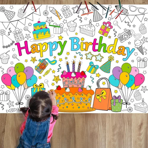 ZOIIWA Póster para colorear de feliz cumpleaños para niños, hoja gigante para colorear para aula, mantel de cumpleaños grande para pared, páginas