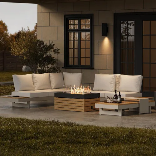 Miniatura 11 de homary Juego de 6 sofás seccionales de aluminio y teca para exteriores con respaldos ajustables, cojines impermeables, ideal para patios y balcones