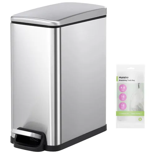 Miniatura 9 de Nunsino Cubo de basura pequeño para baño con 15 bolsas de basura, cubo de basura de acero inoxidable de 2.6 galones con tapa de cierre suave, Blanco