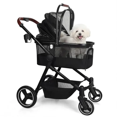 Miniatura 10 de Carriola doble plegable para mascotas para 2 gatos y perros pequeños y medianos, carriola integrada ligera para mascotas, individual y doble