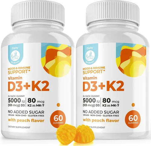 DR. MORITZ Gomitas de vitamina D3 (5000 UI) con K2, para adultos y niños, gomitas de vitamina D3 K2 para apoyo inmunológico y salud ósea, veganas,