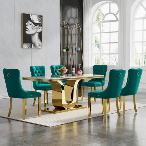 Miniatura 26 de Juego de mesa de comedor de mármol de lujo de 70 pulgadas para 4, juegos de mesa de cocina blanco y dorado para 4, mesa de comedor moderna de mármol