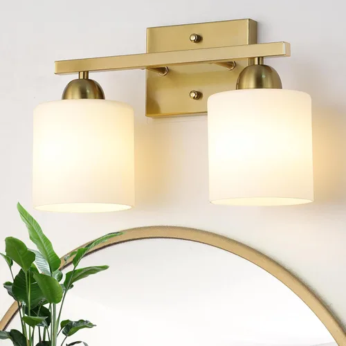 Mecgirn Luces de tocador de vidrio de leche de acero inoxidable para baño, 2 lámparas de baño doradas claras sobre espejo, enchufes E26 de cerámica