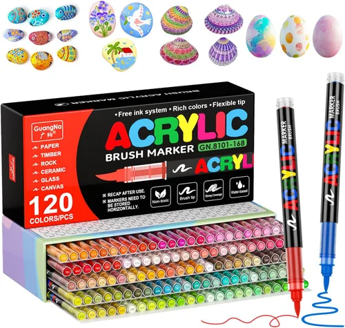 DICEKOO 120 colores marcadores de pintura acrílica, lápices de punta de cepillo suave con sistema de control de tinta automático, impermeables, de