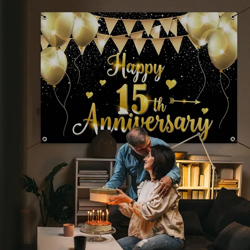 Miniatura 7 de HAMIGAR Fondo de pancarta de feliz 15 aniversario de 6 x 4 pies, 15 decoraciones de aniversario de boda, suministros para fiestas, color negro