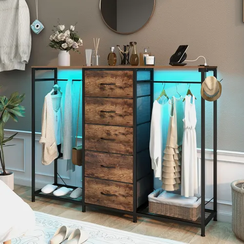 Miniatura 4 de Espelism Cómoda para dormitorio con perchero, cómoda de 5 cajones con estación de carga, luces LED, cómoda blanca, estante flexible y espacio