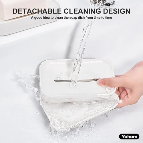 Miniatura 6 de YOHOM Jabonera adhesiva con bandeja de drenaje, barra de ducha blanca, soporte para jabón montado en la pared para baño, soporte para bandeja
