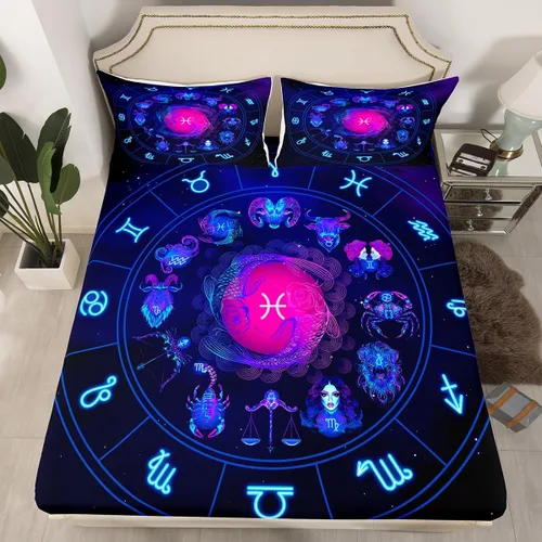 Erosebridal Piscis - Juego de sábanas bajeras tamaño individual, diseño de constelación 3D, juego de sábanas moradas de galaxia para niños, jóvenes,