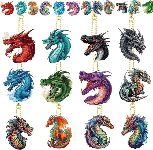 Kit de 12 piezas de llaveros de dragón de diamante DIY, llaveros de diamante de dragón lindos para principiantes, adultos, suministros de arte y