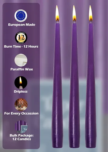 Miniatura 4 de Hyoola Velas cónicas altas – Velas cónicas sin goteo color morado de 14 pulgadas – 12 horas de tiempo de combustión – Paquete de 12