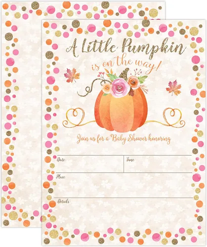 Invitaciones para baby shower de otoño con diseño de calabaza, sobres de tamaño A7 incluidos, cartulina pesada de alta calidad, dos caras, diseño