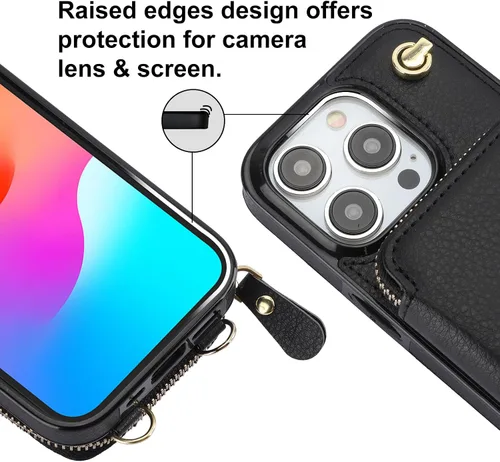 Miniatura 7 de Bocasal Funda tipo cartera cruzada para iPhone 15 Pro, funda de piel con bloqueo RFID y soporte para tarjetas, funda protectora con cremallera