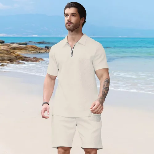 Miniatura 4 de Aulemen Conjunto deportivo de 2 piezas con cremallera para hombre, manga corta, camiseta polo y pantalones cortos, conjuntos de verano para hombre