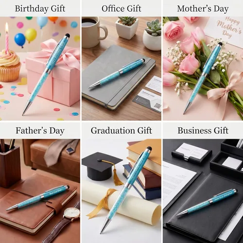 Miniatura 4 de Ancolo Bolígrafos personalizados, punta de lápiz capacitivo, cristal azul, bolígrafos personales personalizados, juego de escritura escolar, Azul
