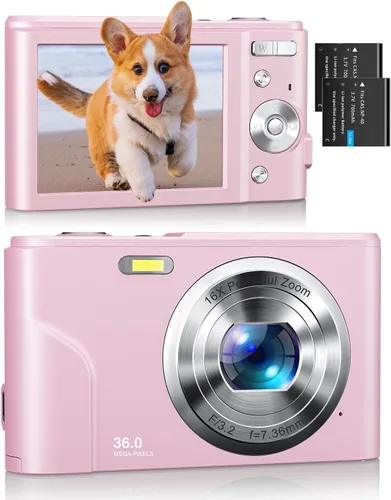 Cámara digital para niños de 1080P 36 MP, cámara de video con dos baterías, sello de tiempo, antivibración, zoom de 16X, cámara portátil compacta,