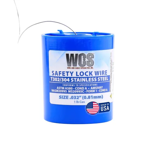 Alambre de seguridad, T302/304 de acero inoxidable, NASM20995, MS20995C, ASTM A580 Cond A, AMS5697,.032 pulgadas (0.81 mm), 1 lb (0.45 kg) Lata