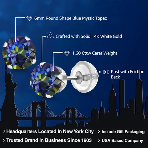Miniatura 188 de Gem Stone King Aretes solitarios con piedra natal de oro de 14 quilates Redondos de 0.236 in Aretes de oro para mujeres y hombres