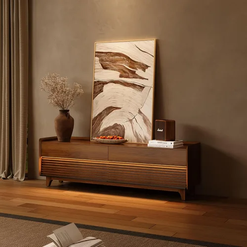 Miniatura 12 de POVISON Soporte de TV moderno de mediados de siglo totalmente ensamblado con luces LED ajustables, consola multimedia de madera, centro