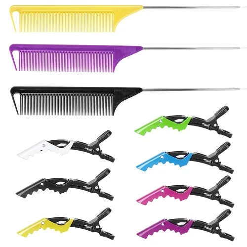 Miniatura 2 de Juego de peines y clips para peinar el cabello, peines de cola de rata con pasador de acero, clips de cocodrilo seccionados para trenzar, separar