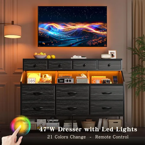 Miniatura 5 de EnHomee Cómoda para dormitorio con 10 cajones y zapatero de tela con luces LED y tomas de corriente, tocador de dormitorio para entrada, pasillo