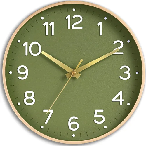 Roymnie Reloj de pared verde silencioso de 14 pulgadas, funciona con pilas, moderno reloj analógico sin tictac decorativo para sala de estar, A_oro