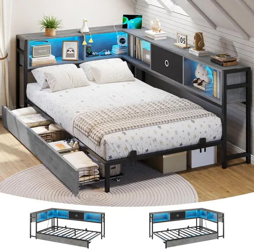 Miniatura 14 de DICTAC Marco de cama esquinero con 2 cajones de almacenamiento y cabecero de estantería individual XL, marco de cama de plataforma de metal con Negro