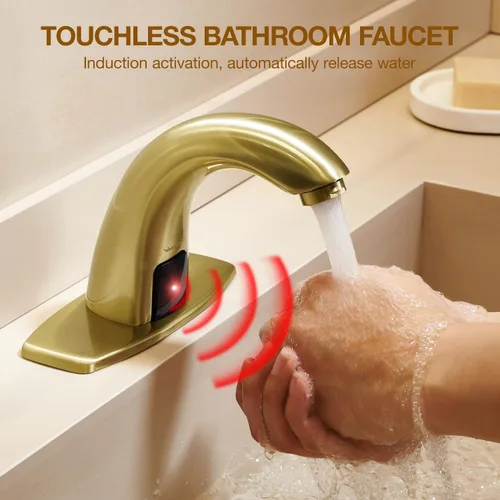 Miniatura 2 de Charmingwater Grifo de lavabo de baño sin contacto, grifo con sensor automático de movimiento con placa de cubierta de agujero, oro cepillado