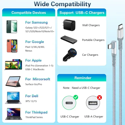 Miniatura 7 de Paquete de 5 cables USB C a USB C de 10 pies en ángulo recto USB C extra largo de 60 W/3A tipo C a tipo C, cable de carga rápida compatible